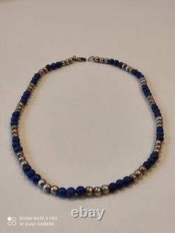 Antique solid silver and lapis lazuli beaded necklace