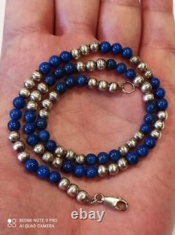 Antique solid silver and lapis lazuli beaded necklace
