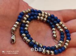 Antique solid silver and lapis lazuli beaded necklace