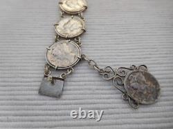 Antique solid silver bracelet, 8 pieces 1 dime USA United States B193