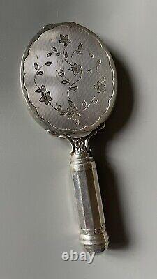 Antique solid silver hand mirror with integrated powder compact and lipstick