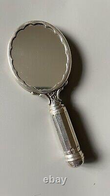 Antique solid silver hand mirror with integrated powder compact and lipstick
