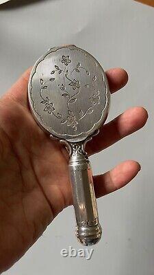 Antique solid silver hand mirror with integrated powder compact and lipstick