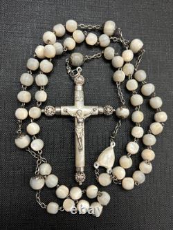 Antique solid silver rosary with mother-of-pearl beads