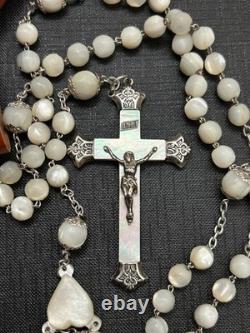 Antique solid silver rosary with mother-of-pearl beads