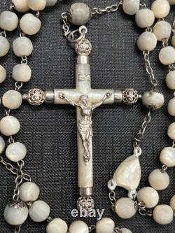 Antique solid silver rosary with mother-of-pearl beads
