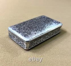 Antique solid silver snuff box / snuff container, MINERVA hallmark, niello decoration, 19th century