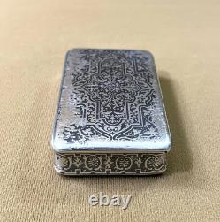 Antique solid silver snuff box / snuff container, MINERVA hallmark, niello decoration, 19th century
