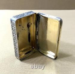 Antique solid silver snuff box / snuff container, MINERVA hallmark, niello decoration, 19th century
