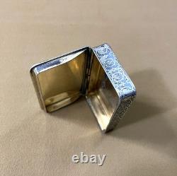 Antique solid silver snuff box / snuff container, MINERVA hallmark, niello decoration, 19th century