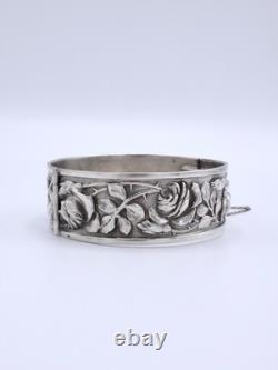Antique sterling silver cuff bracelet with Art Nouveau rose decoration, circa 1900