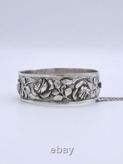 Antique sterling silver cuff bracelet with Art Nouveau rose decoration, circa 1900