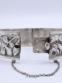 Antique sterling silver cuff bracelet with Art Nouveau rose decoration, circa 1900