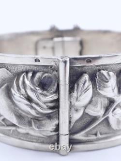Antique sterling silver cuff bracelet with Art Nouveau rose decoration, circa 1900