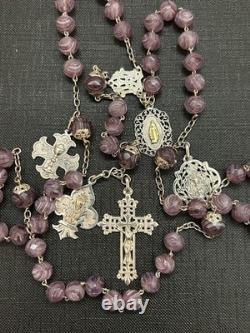 Antique sterling silver faceted agate bead rosary