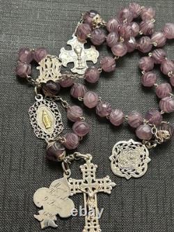 Antique sterling silver faceted agate bead rosary