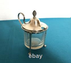 Antique tripod mustard pot in solid silver with first rooster hallmark, crystal without Minerva mark