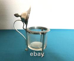 Antique tripod mustard pot in solid silver with first rooster hallmark, crystal without Minerva mark