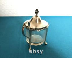 Antique tripod mustard pot in solid silver with first rooster hallmark, crystal without Minerva mark