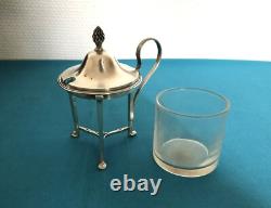 Antique tripod mustard pot in solid silver with first rooster hallmark, crystal without Minerva mark