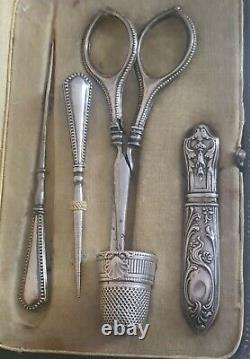 Argent Massif Old Sewing Kit Scissors Embroidery