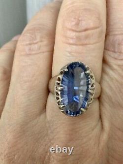 Art Deco Superb Old Ring Marquise Silver Massive Opened, Blue Topaz