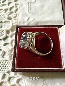 Art Deco Superb Old Ring Marquise Silver Massive Opened, Blue Topaz