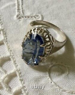 Art Deco Superb Old Ring Marquise Silver Massive Opened, Blue Topaz