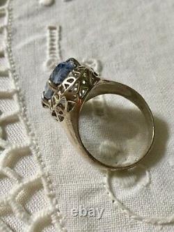 Art Deco Superb Old Ring Marquise Silver Massive Opened, Blue Topaz