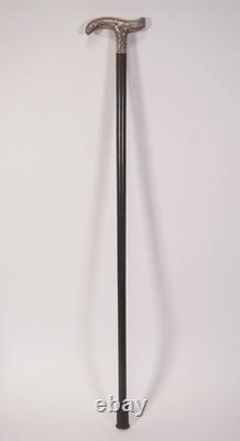 Art Nouveau Antique Walking Stick in 800 Sterling Silver, Floral-Decorated Handle
