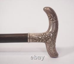 Art Nouveau Antique Walking Stick in 800 Sterling Silver, Floral-Decorated Handle