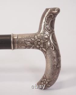 Art Nouveau Antique Walking Stick in 800 Sterling Silver, Floral-Decorated Handle