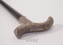Art Nouveau Antique Walking Stick in 800 Sterling Silver, Floral-Decorated Handle