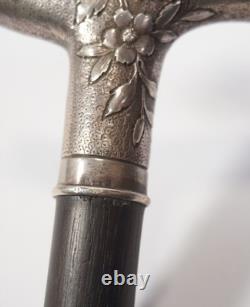 Art Nouveau Antique Walking Stick in 800 Sterling Silver, Floral-Decorated Handle