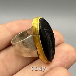 Authentic ancient Roman ring in solid silver, intaglio, king, black agate