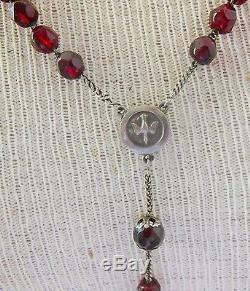 Beau Old Rosary, Solid Silver And Big Pearls Faceted Grenate