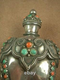 Beautiful Ancienne Tabatiere Snuff Bottle Box Made Of Turquoise And Coral Massive Silver