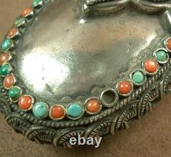 Beautiful Ancienne Tabatiere Snuff Bottle Box Made Of Turquoise And Coral Massive Silver