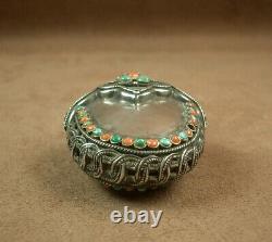 Beautiful Ancienne Tabatiere Snuff Bottle Box Made Of Turquoise And Coral Massive Silver