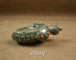 Beautiful Ancienne Tabatiere Snuff Bottle Box Made Of Turquoise And Coral Massive Silver