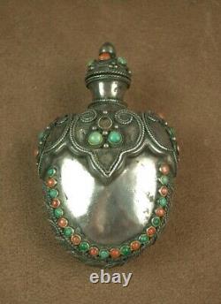 Beautiful Ancienne Tabatiere Snuff Bottle Box Made Of Turquoise And Coral Massive Silver