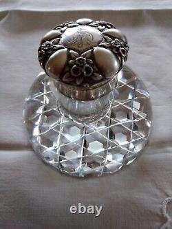 Beautiful Antique Crystal and Solid Silver Inkwell with Monogram and Count's Crown