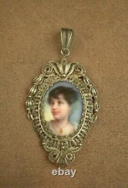 Beautiful Antique Sterling Silver Pendant with Miniature Painting on Porcelain