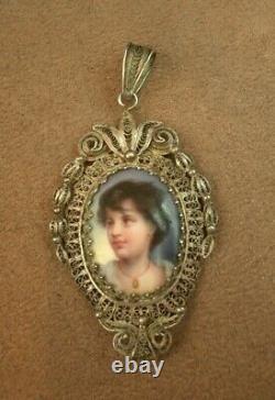 Beautiful Antique Sterling Silver Pendant with Miniature Painting on Porcelain