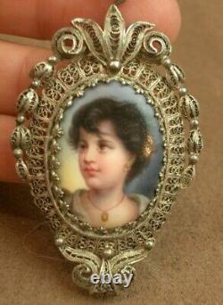 Beautiful Antique Sterling Silver Pendant with Miniature Painting on Porcelain