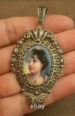 Beautiful Antique Sterling Silver Pendant with Miniature Painting on Porcelain