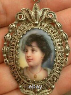 Beautiful Antique Sterling Silver Pendant with Miniature Painting on Porcelain