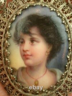 Beautiful Antique Sterling Silver Pendant with Miniature Painting on Porcelain