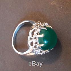 Beautiful Big Old Green Stone Cabochon Ring, Sterling Silver, 40s