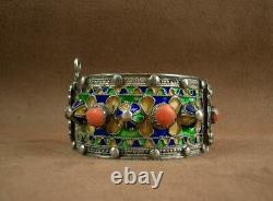 Beautiful Bracelet Cuff Ancient Berbere Kabyle In Silver Email And Coral